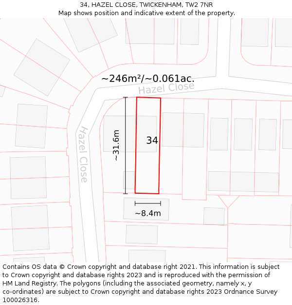 34, HAZEL CLOSE, TWICKENHAM, TW2 7NR: Plot and title map