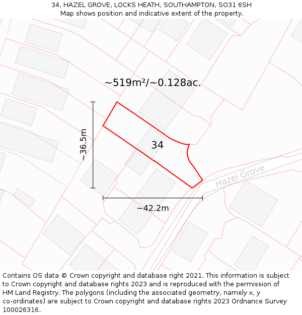 34, HAZEL GROVE, LOCKS HEATH, SOUTHAMPTON, SO31 6SH: Plot and title map
