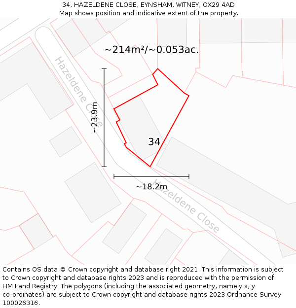 34, HAZELDENE CLOSE, EYNSHAM, WITNEY, OX29 4AD: Plot and title map