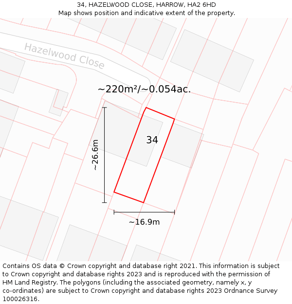 34, HAZELWOOD CLOSE, HARROW, HA2 6HD: Plot and title map
