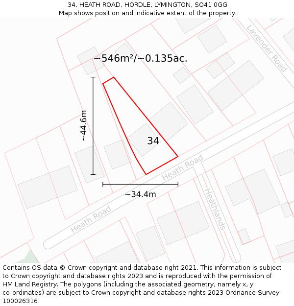 34, HEATH ROAD, HORDLE, LYMINGTON, SO41 0GG: Plot and title map