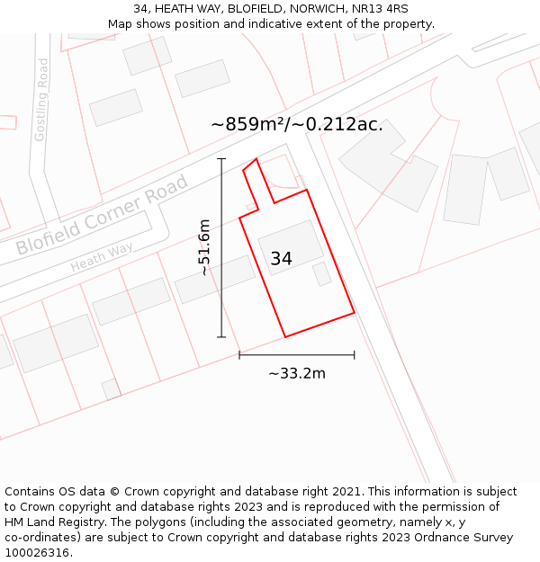 34, HEATH WAY, BLOFIELD, NORWICH, NR13 4RS: Plot and title map
