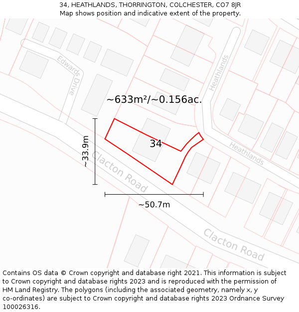 34, HEATHLANDS, THORRINGTON, COLCHESTER, CO7 8JR: Plot and title map