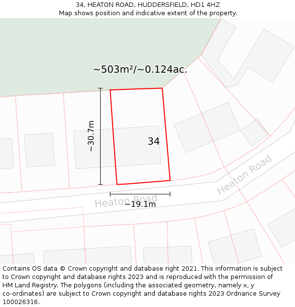 34, HEATON ROAD, HUDDERSFIELD, HD1 4HZ: Plot and title map