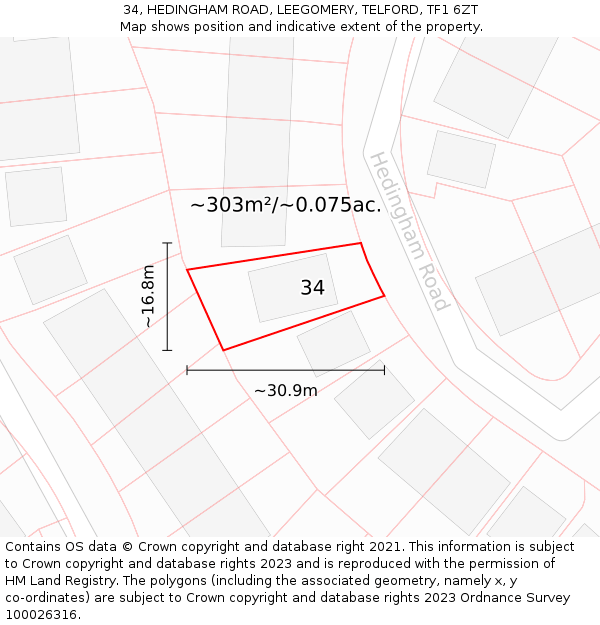 34, HEDINGHAM ROAD, LEEGOMERY, TELFORD, TF1 6ZT: Plot and title map