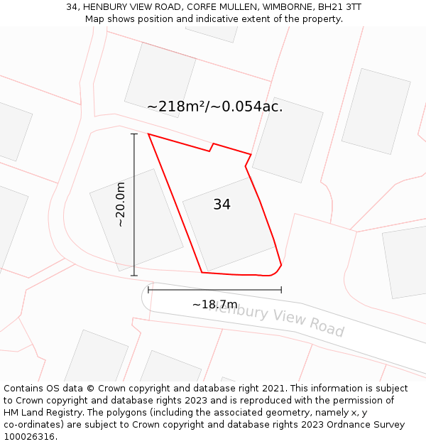 34, HENBURY VIEW ROAD, CORFE MULLEN, WIMBORNE, BH21 3TT: Plot and title map