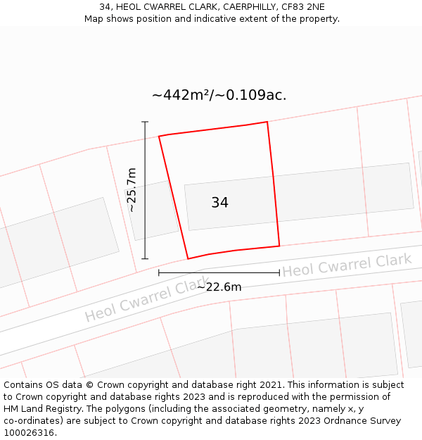 34, HEOL CWARREL CLARK, CAERPHILLY, CF83 2NE: Plot and title map
