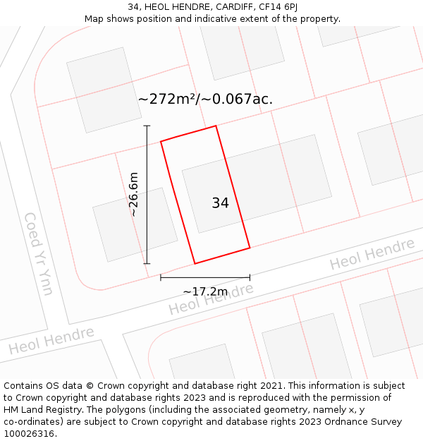 34, HEOL HENDRE, CARDIFF, CF14 6PJ: Plot and title map