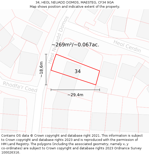 34, HEOL NEUADD DOMOS, MAESTEG, CF34 9GA: Plot and title map