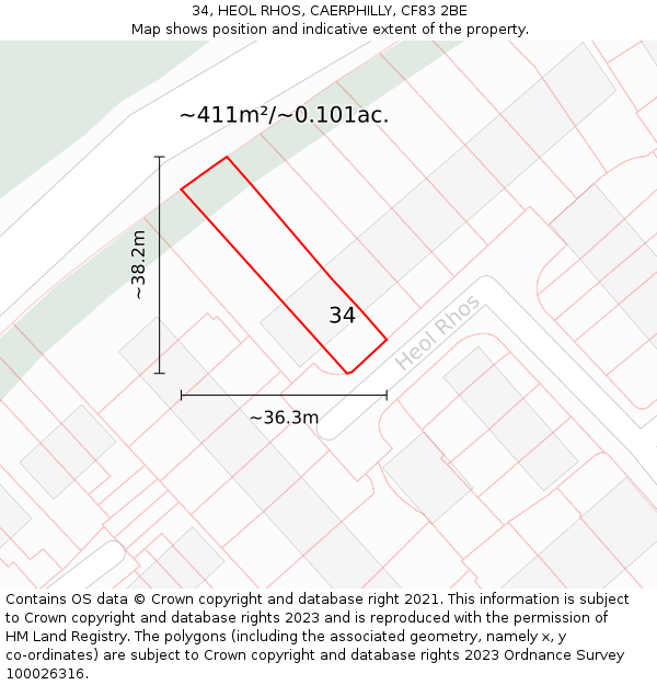 34, HEOL RHOS, CAERPHILLY, CF83 2BE: Plot and title map