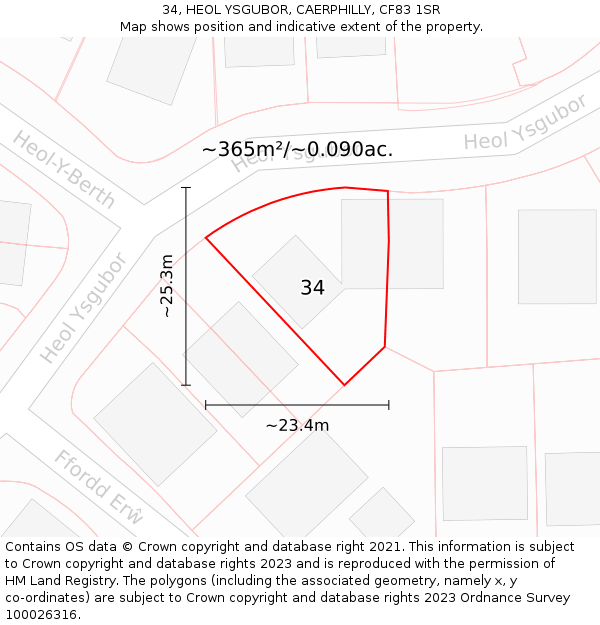 34, HEOL YSGUBOR, CAERPHILLY, CF83 1SR: Plot and title map