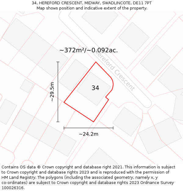 34, HEREFORD CRESCENT, MIDWAY, SWADLINCOTE, DE11 7PT: Plot and title map