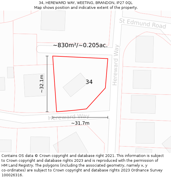 34, HEREWARD WAY, WEETING, BRANDON, IP27 0QL: Plot and title map