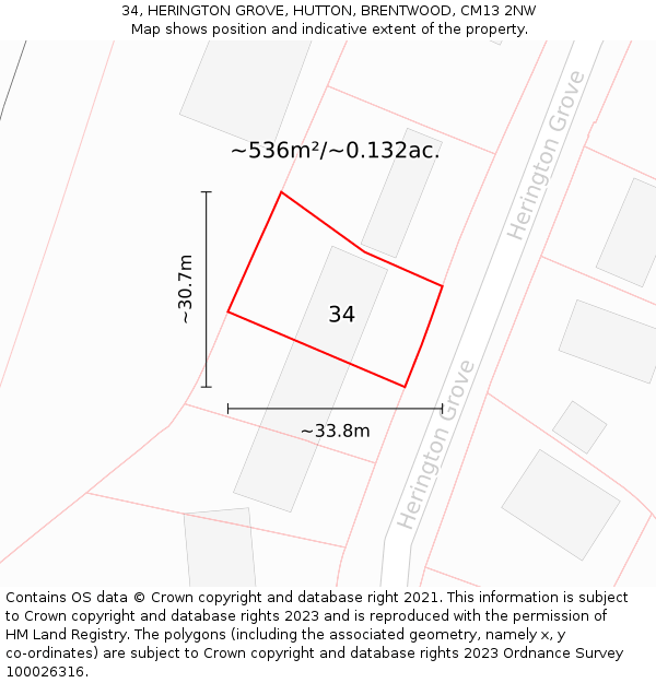 34, HERINGTON GROVE, HUTTON, BRENTWOOD, CM13 2NW: Plot and title map