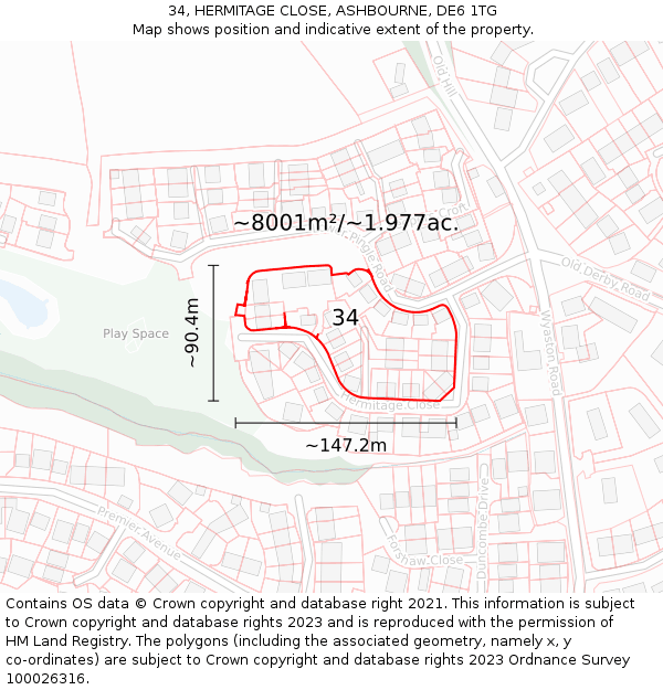34, HERMITAGE CLOSE, ASHBOURNE, DE6 1TG: Plot and title map