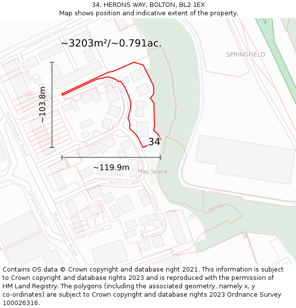 34, HERONS WAY, BOLTON, BL2 1EX: Plot and title map