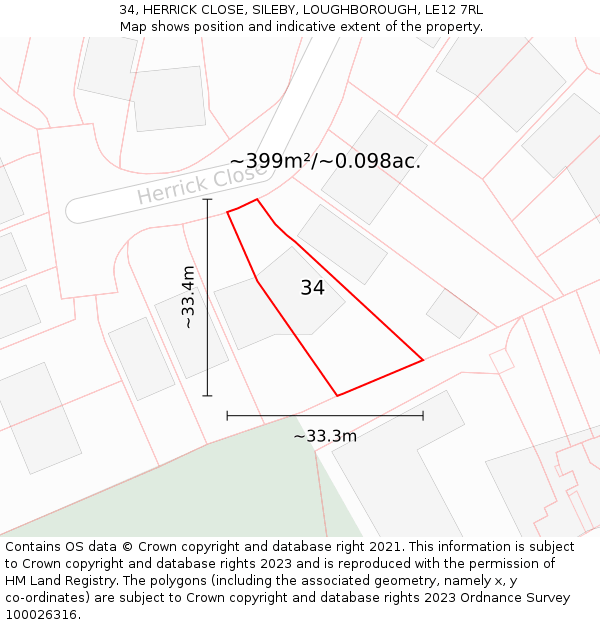 34, HERRICK CLOSE, SILEBY, LOUGHBOROUGH, LE12 7RL: Plot and title map