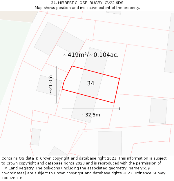 34, HIBBERT CLOSE, RUGBY, CV22 6DS: Plot and title map