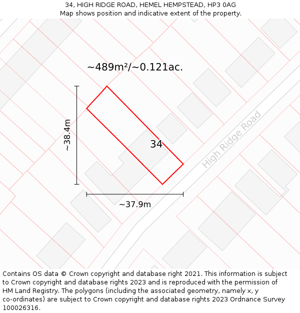 34, HIGH RIDGE ROAD, HEMEL HEMPSTEAD, HP3 0AG: Plot and title map