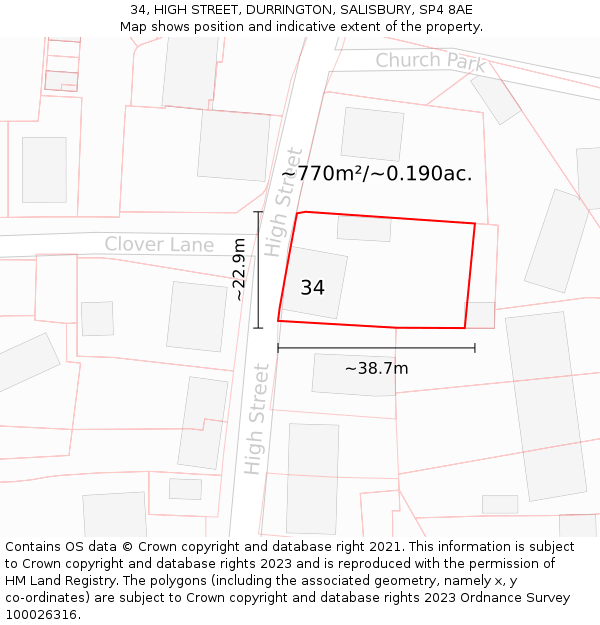 34, HIGH STREET, DURRINGTON, SALISBURY, SP4 8AE: Plot and title map