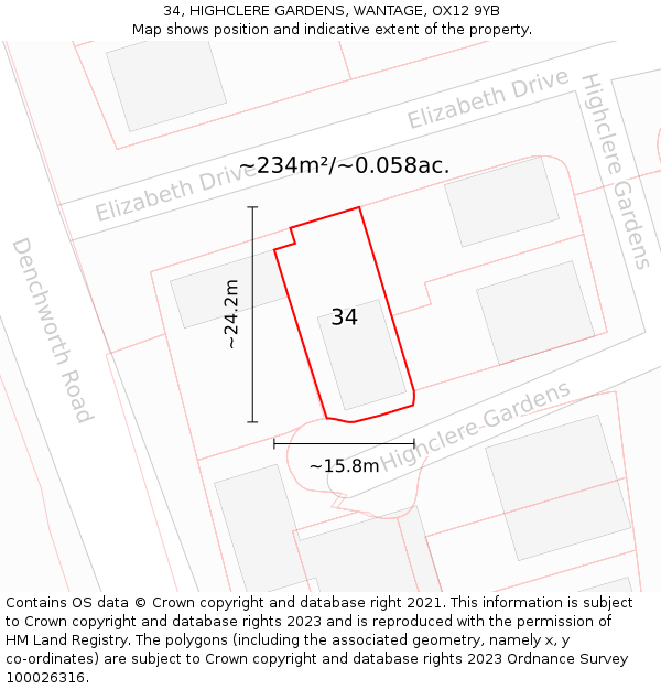 34, HIGHCLERE GARDENS, WANTAGE, OX12 9YB: Plot and title map