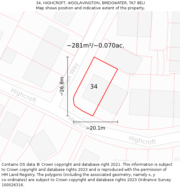 34, HIGHCROFT, WOOLAVINGTON, BRIDGWATER, TA7 8EU: Plot and title map