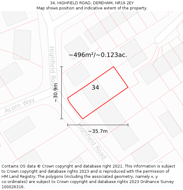 34, HIGHFIELD ROAD, DEREHAM, NR19 2EY: Plot and title map