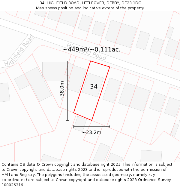 34, HIGHFIELD ROAD, LITTLEOVER, DERBY, DE23 1DG: Plot and title map