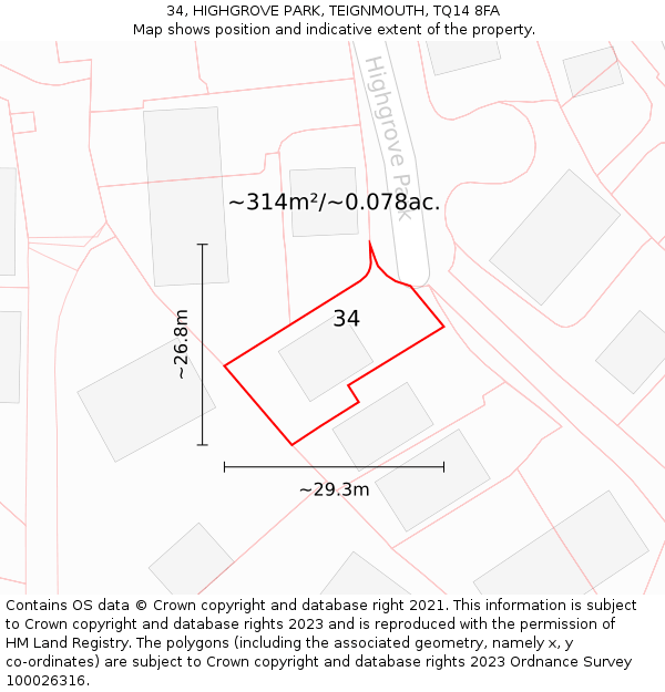 34, HIGHGROVE PARK, TEIGNMOUTH, TQ14 8FA: Plot and title map
