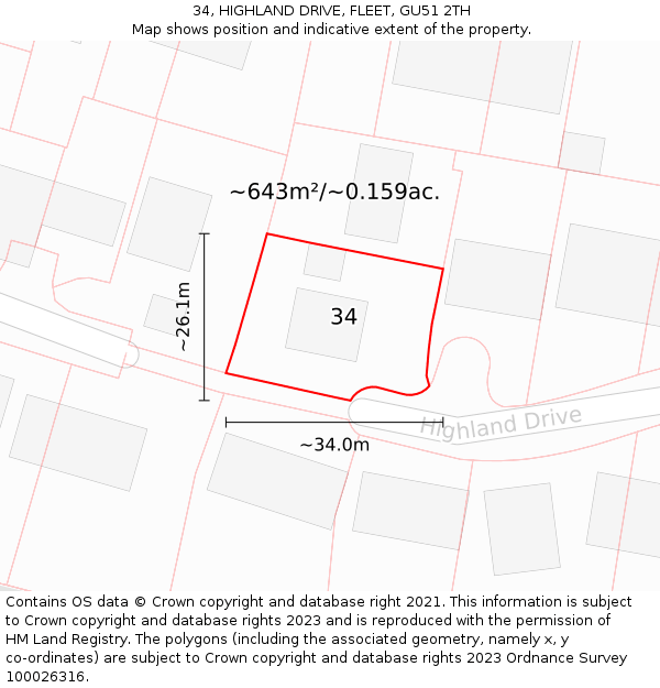 34, HIGHLAND DRIVE, FLEET, GU51 2TH: Plot and title map