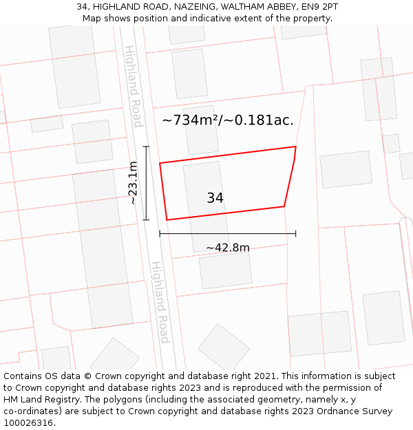 34, HIGHLAND ROAD, NAZEING, WALTHAM ABBEY, EN9 2PT: Plot and title map