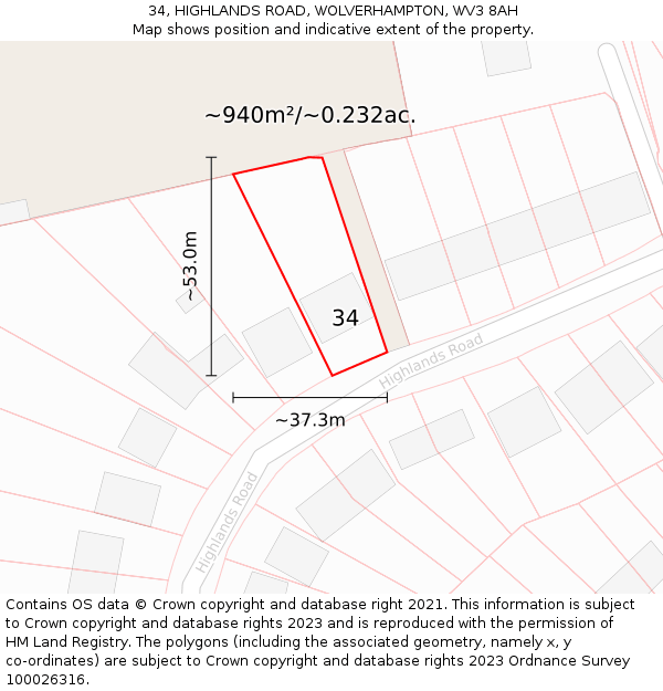 34, HIGHLANDS ROAD, WOLVERHAMPTON, WV3 8AH: Plot and title map