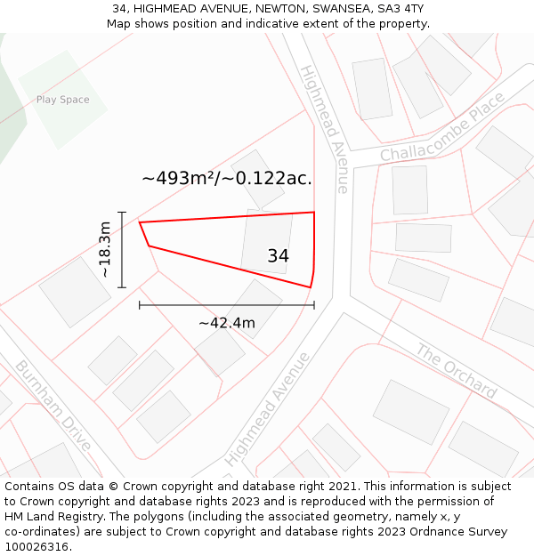 34, HIGHMEAD AVENUE, NEWTON, SWANSEA, SA3 4TY: Plot and title map