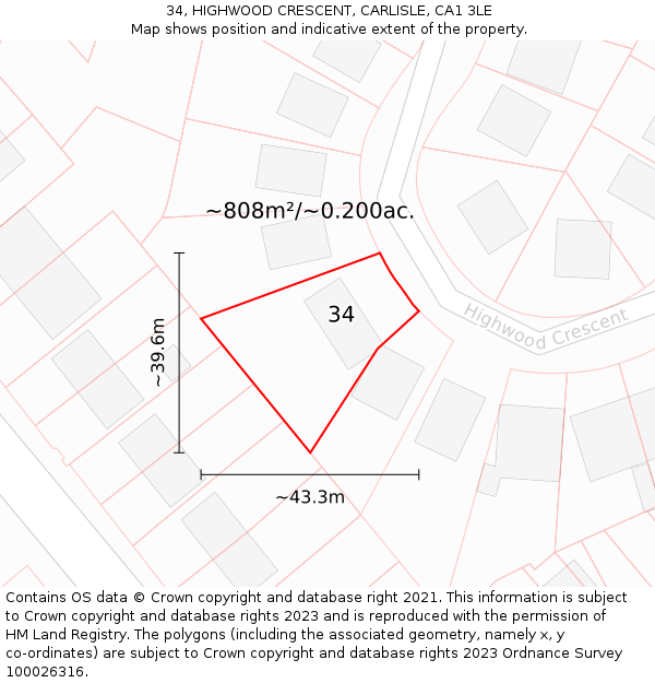 34, HIGHWOOD CRESCENT, CARLISLE, CA1 3LE: Plot and title map