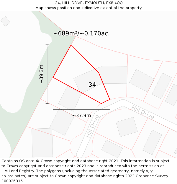 34, HILL DRIVE, EXMOUTH, EX8 4QQ: Plot and title map