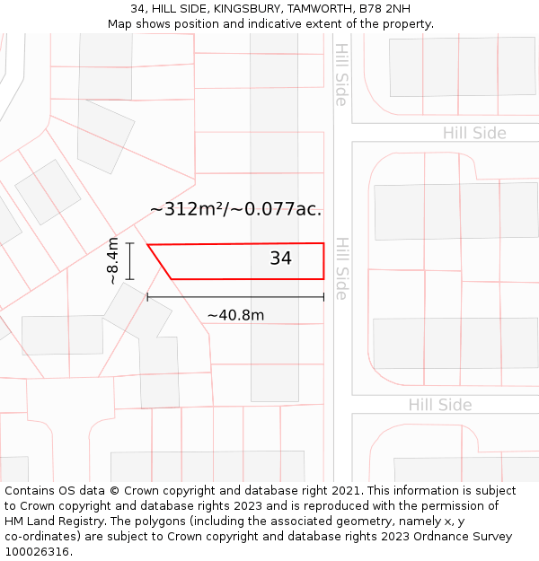 34, HILL SIDE, KINGSBURY, TAMWORTH, B78 2NH: Plot and title map