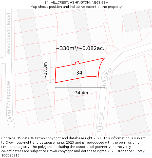 34, HILLCREST, ASHINGTON, NE63 9SH: Plot and title map