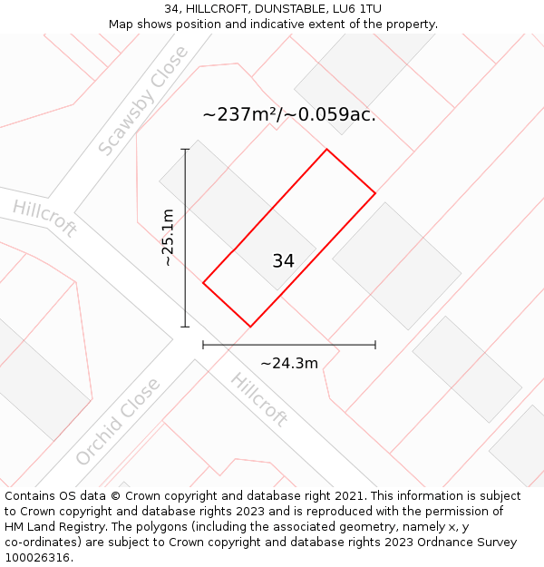 34, HILLCROFT, DUNSTABLE, LU6 1TU: Plot and title map