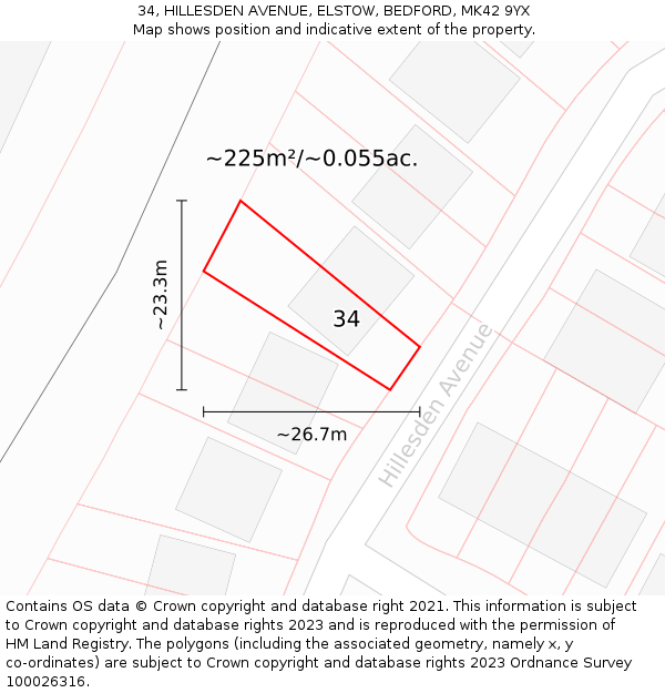 34, HILLESDEN AVENUE, ELSTOW, BEDFORD, MK42 9YX: Plot and title map