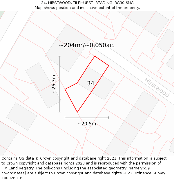 34, HIRSTWOOD, TILEHURST, READING, RG30 6NG: Plot and title map