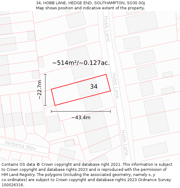 34, HOBB LANE, HEDGE END, SOUTHAMPTON, SO30 0GJ: Plot and title map
