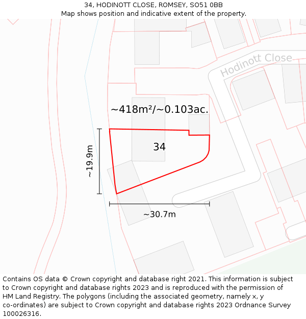 34, HODINOTT CLOSE, ROMSEY, SO51 0BB: Plot and title map