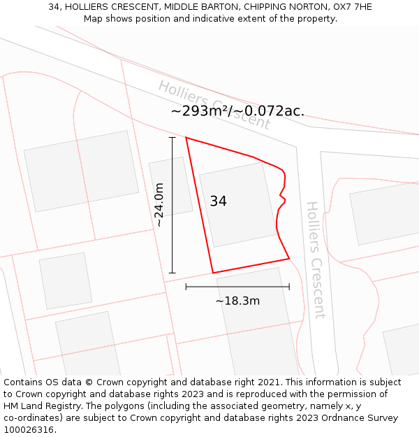 34, HOLLIERS CRESCENT, MIDDLE BARTON, CHIPPING NORTON, OX7 7HE: Plot and title map