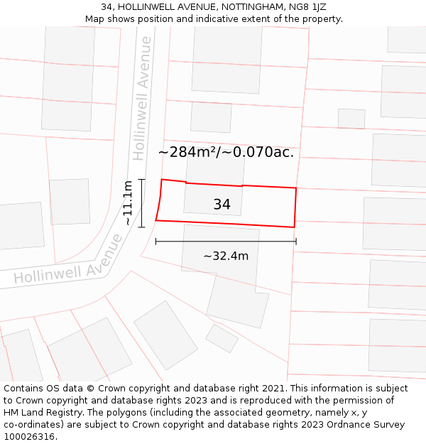 34, HOLLINWELL AVENUE, NOTTINGHAM, NG8 1JZ: Plot and title map