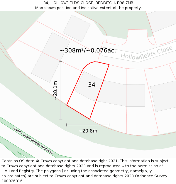 34, HOLLOWFIELDS CLOSE, REDDITCH, B98 7NR: Plot and title map