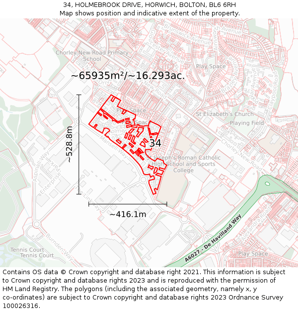 34, HOLMEBROOK DRIVE, HORWICH, BOLTON, BL6 6RH: Plot and title map