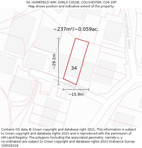 34, HOMEFIELD WAY, EARLS COLNE, COLCHESTER, CO6 2SP: Plot and title map