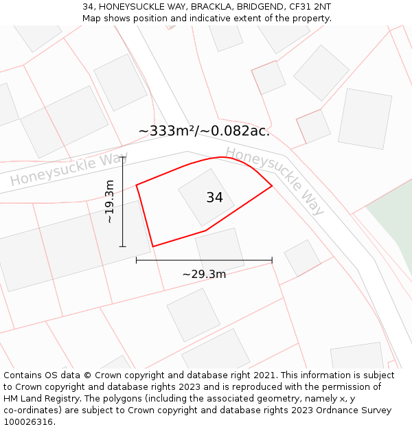 34, HONEYSUCKLE WAY, BRACKLA, BRIDGEND, CF31 2NT: Plot and title map