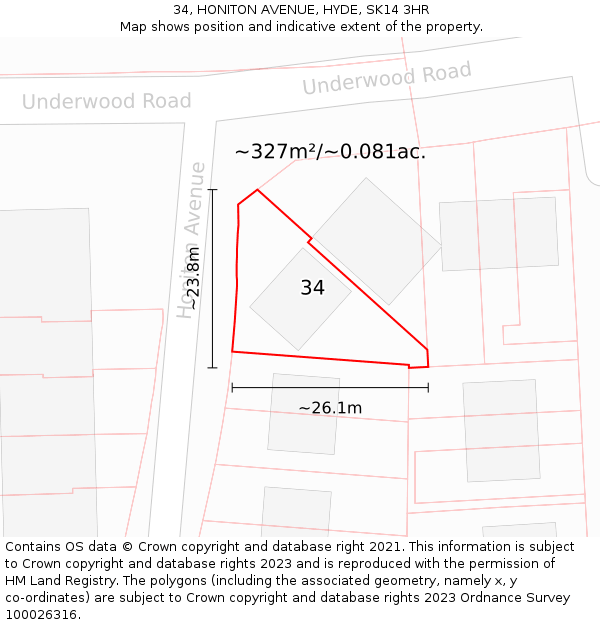 34, HONITON AVENUE, HYDE, SK14 3HR: Plot and title map