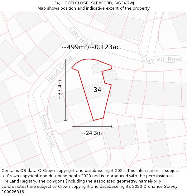 34, HOOD CLOSE, SLEAFORD, NG34 7WJ: Plot and title map